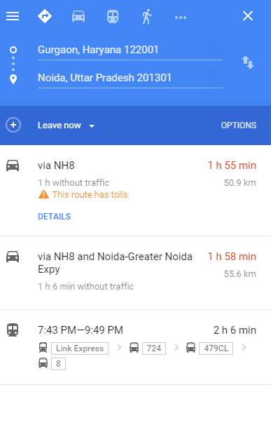 Google Map find route toll free