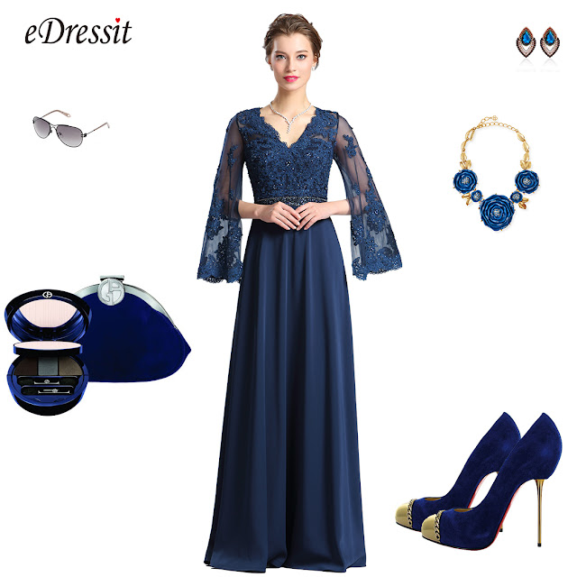  Half Sleeves Navy Blue Evening Dress Formal Gown