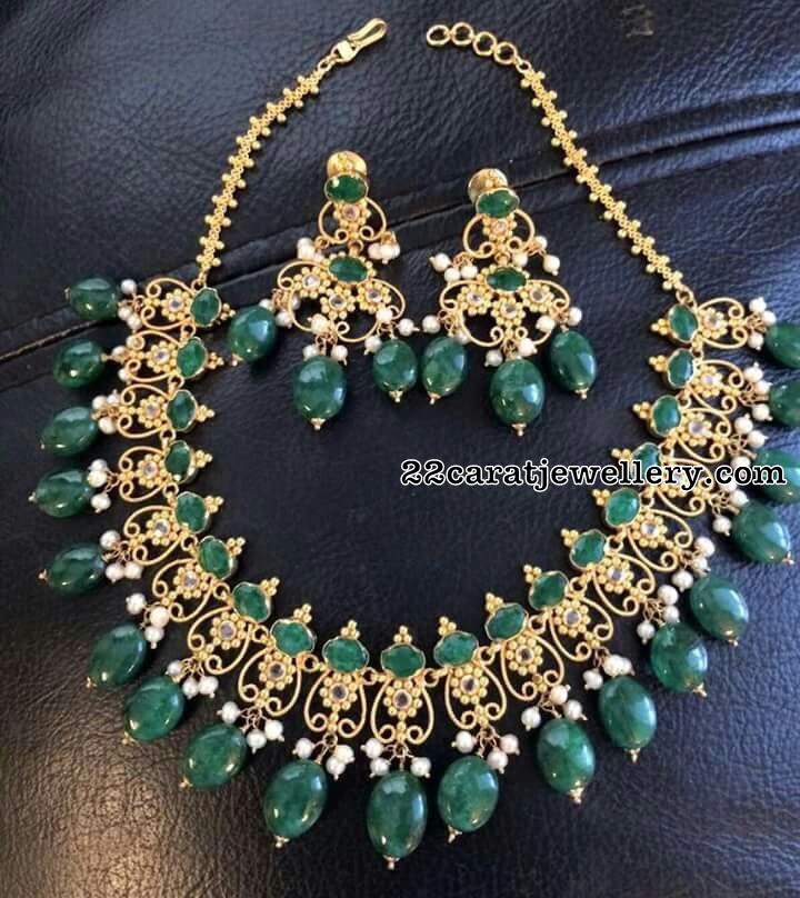 Emerald Uncut Necklace with Emerald Drops - Jewellery Designs