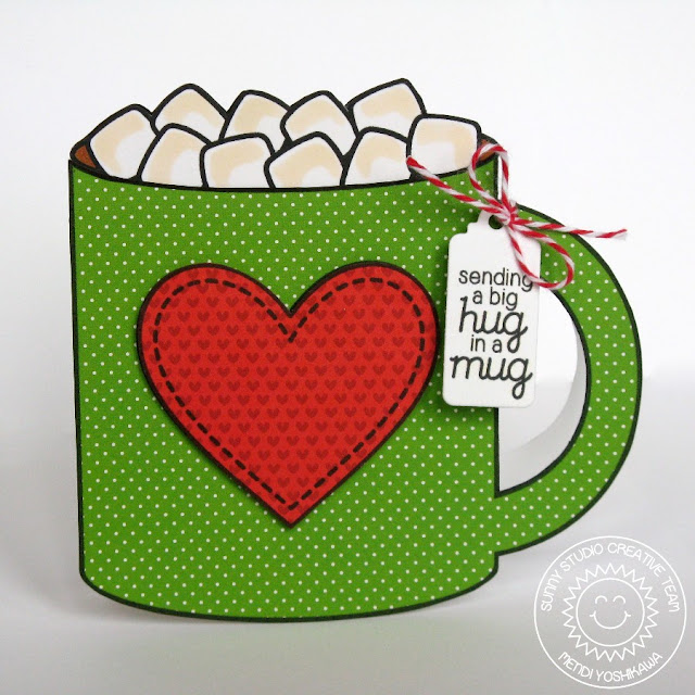 2015 Winter Coffee Lovers Blog Hop: Sunny Studio Hot Cocoa Shaped card using Hot Drinks~Warm Hearts Digital Stamp