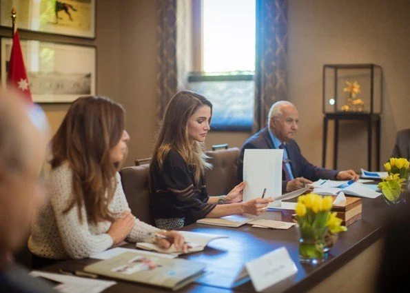 Queen Rania wore FENDI Mesh trimmed silk blouse and Roland Mouret Norley High waisted Tweed Pencil Skirt and Yves Saint Laurent pumps