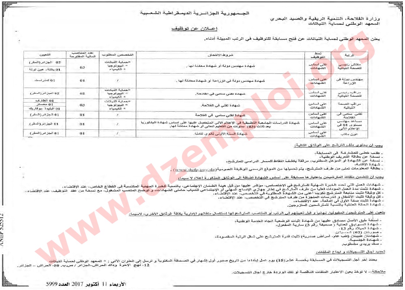 إعلان مسابقة توظيف في المعهد الوطني لحماية النباتات الجزائر أكتوبر 2017 1 إعلان مسابقة توظيف في المعهد الوطني لحماية النباتات الجزائر أكتوبر 2017 1