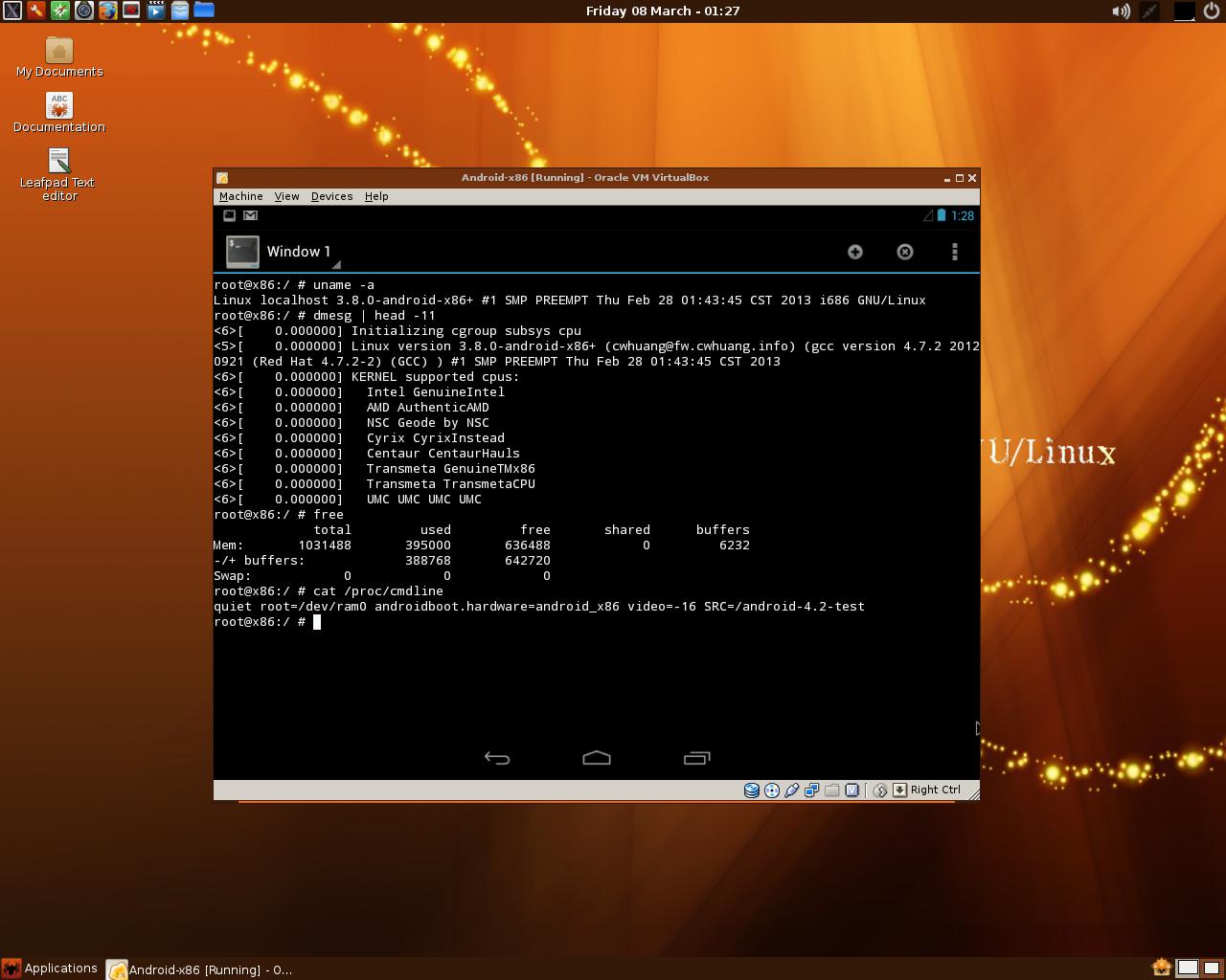 Uname linux. Тестирование процессора Linux. Android 2.3 x86. SLITAZ Linux.