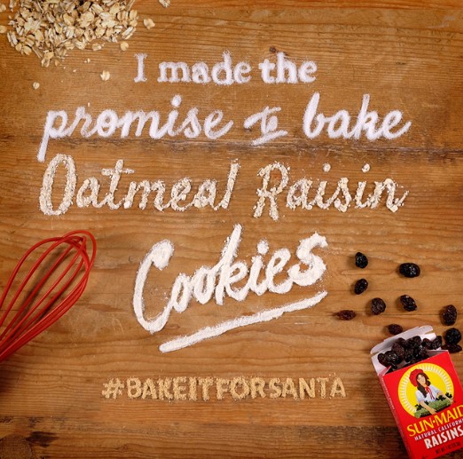 Sun-Maid Bake it for Santa Sweepstakes Sun-Maid knows Santa is fed up with dry, bland, store bought cookies. They want you to bake him some Oatmeal Raisin cookies and sharing could win you a Kitchen Aid Mixer and more!