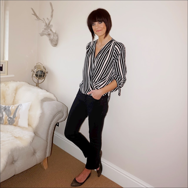 My Midlife Fashion, wallis blush and black stripe wrap top, french connection rebound cropped kick flare jeans, boden studded flat pointed shoes