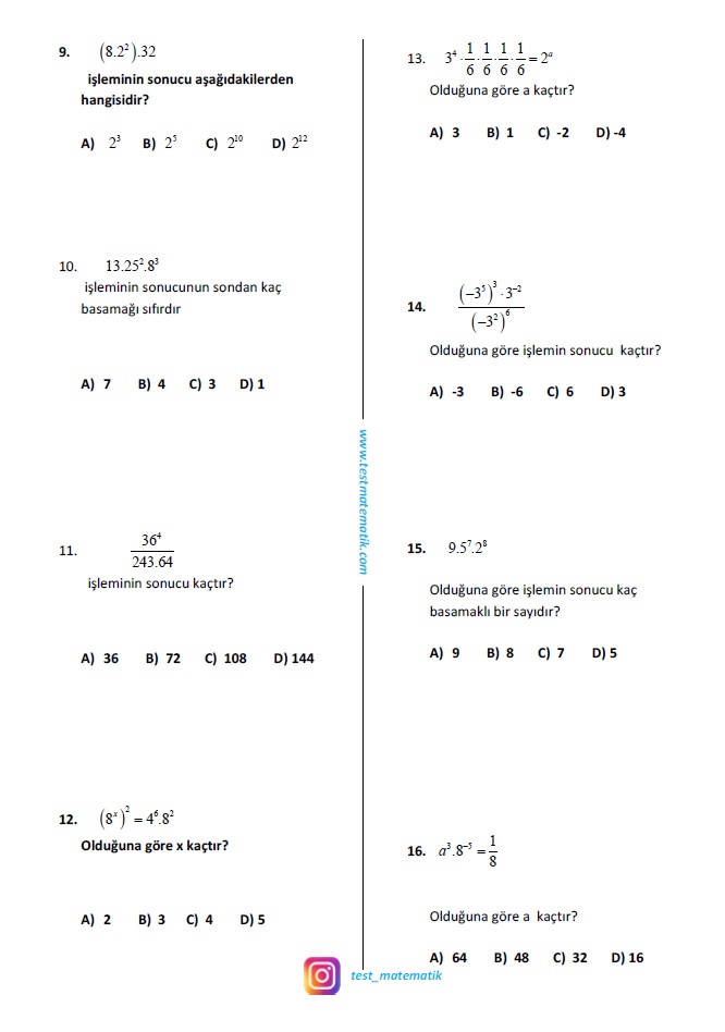 8 Sinif Uslu Sayilar Test 2 Test Matematik