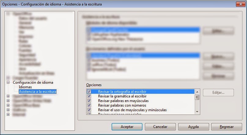 Configuración Asistencia a la escritura OpenOffice