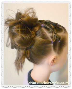 Hairstyle for sports, woven twist headband and messy bun