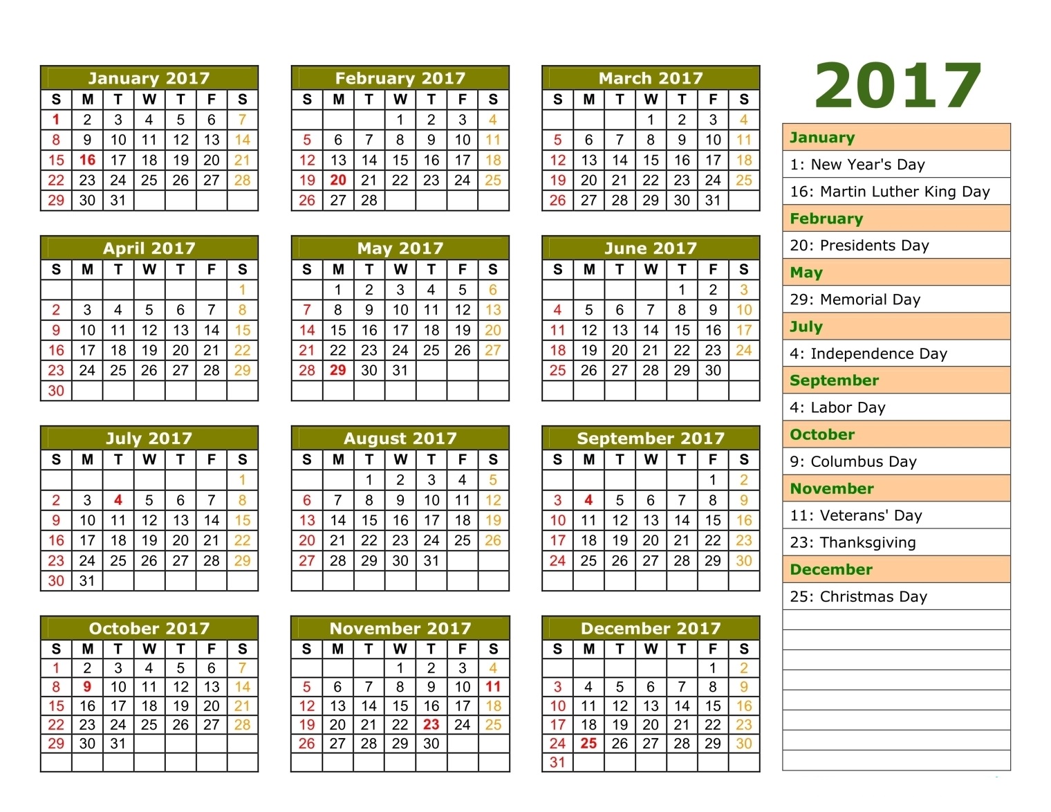 whole year calendars