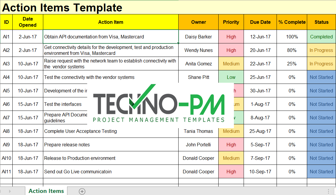 Action Items Template For Excel Free Project Management Templates