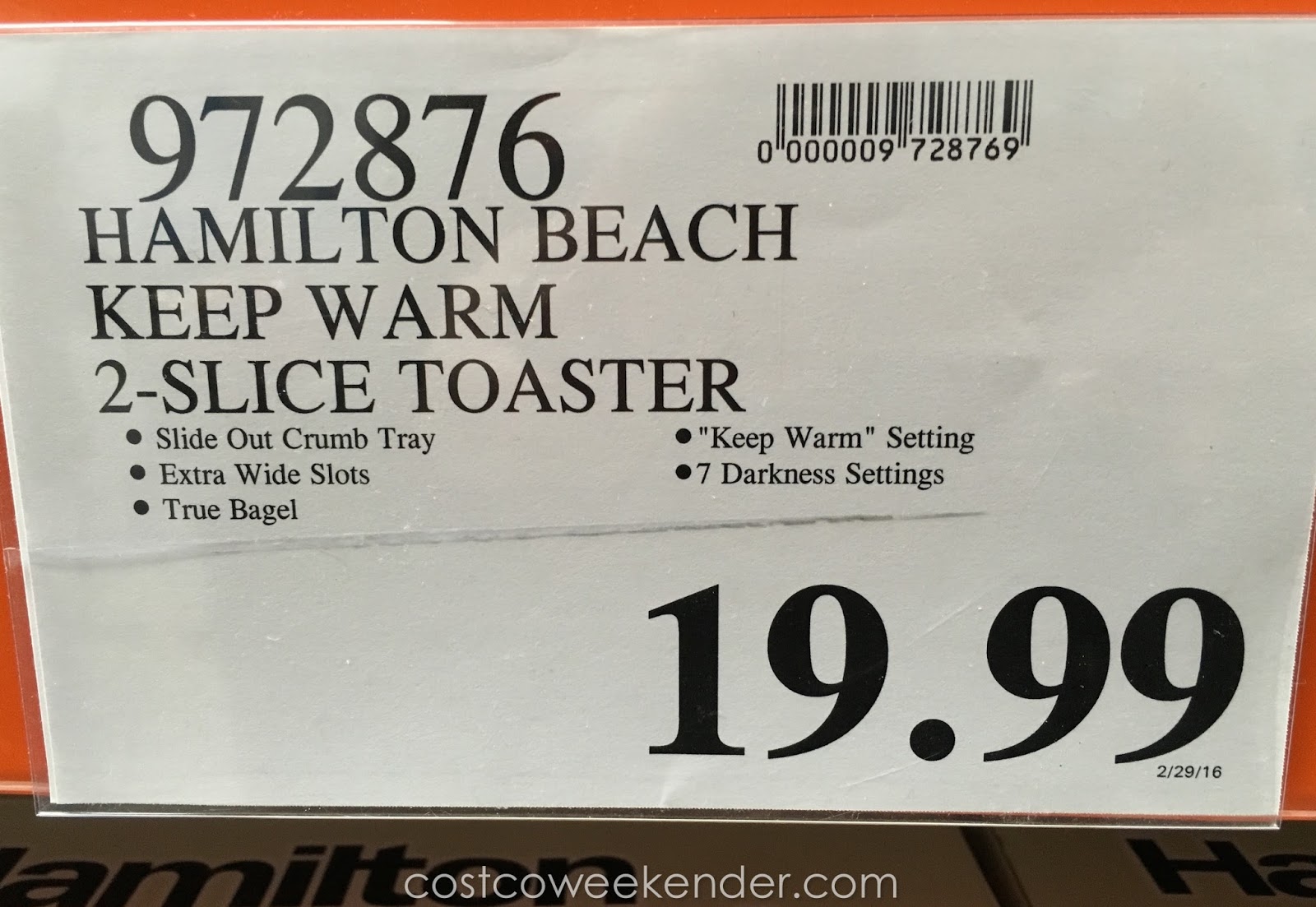 Hamilton Beach 22811e Keep Warm Toaster Costco Weekender