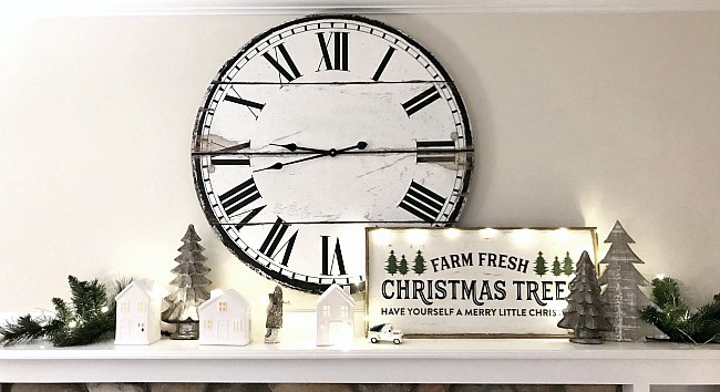 Christmas mantel with clock and neutral items