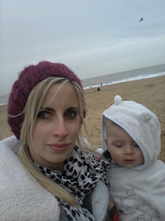 beach in winter, mother and baby
