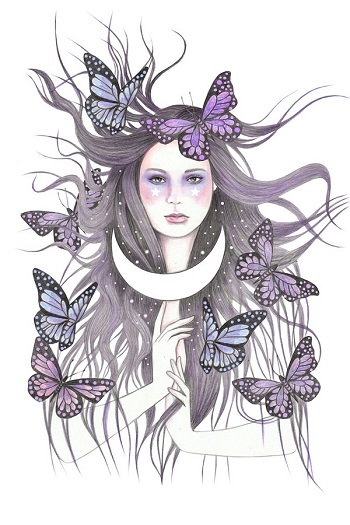 "Love Spells" by Andrea Hrnjak | dibujos bonitos a lapiz | imagenes lindas | illustration art | mujer con mariposas y luna
