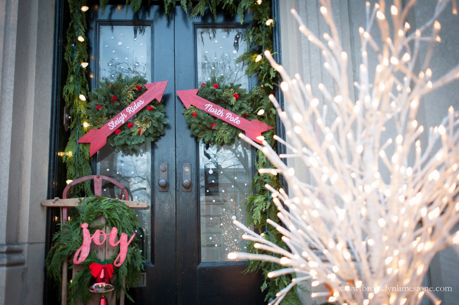 Horizontal view of Christmas front door