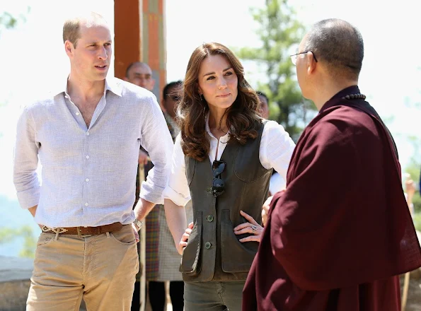 Kate Middleton and Prince William  at the start of their hike to Paro Taktsang, the Tiger's Nest monastery. Kate Middleton wore Really Wild Clothing Shooting Waistcoat