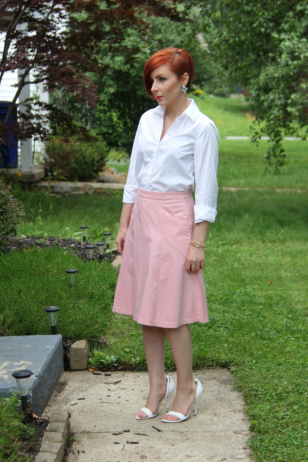 Thrift and Shout Cute Outfit of the Day Midi Skirt and a White Blouse