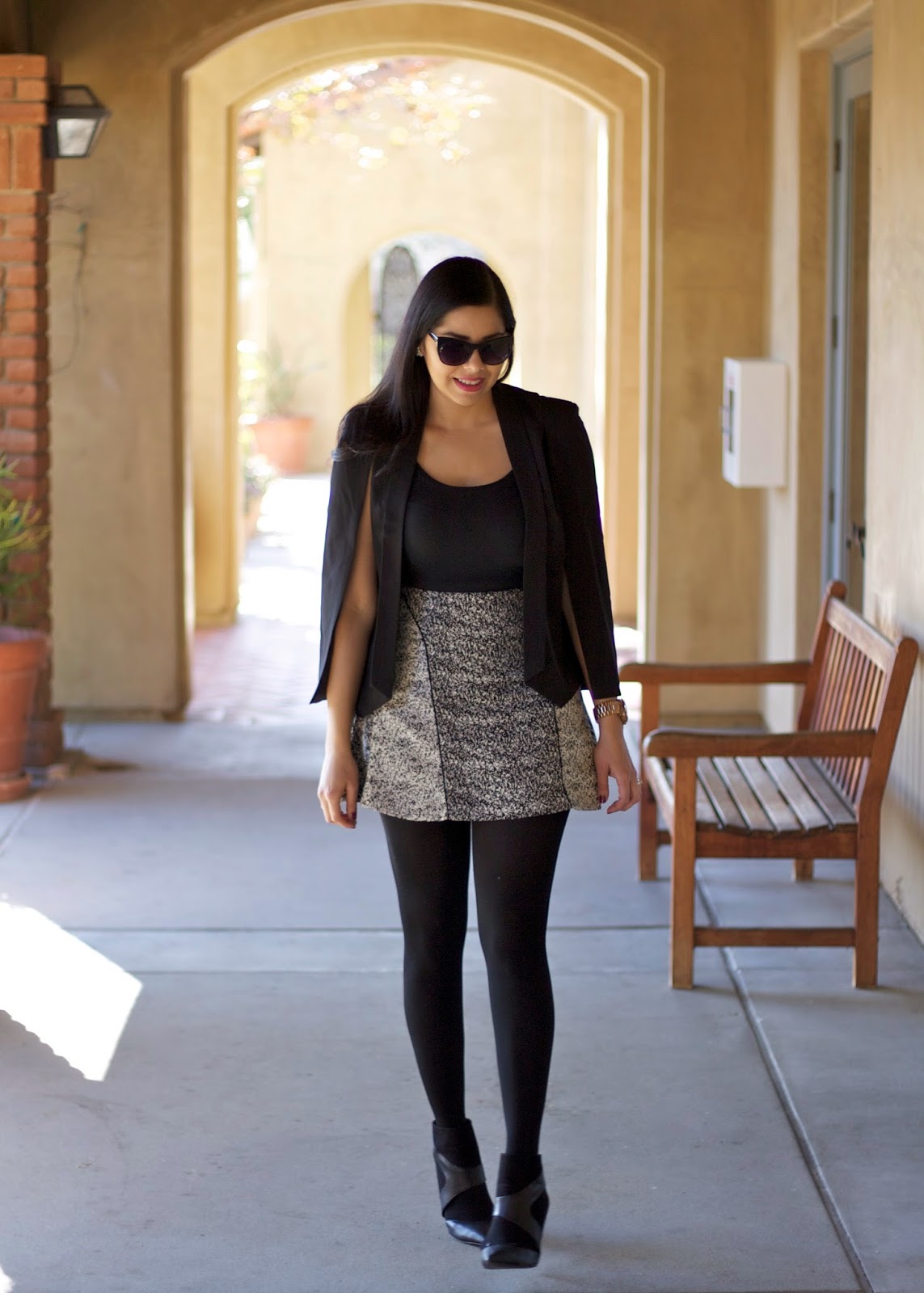 HM outfit, H&M skirt, Zara cutout booties, Sheinside blazer, Forever21 cateye sunglasses