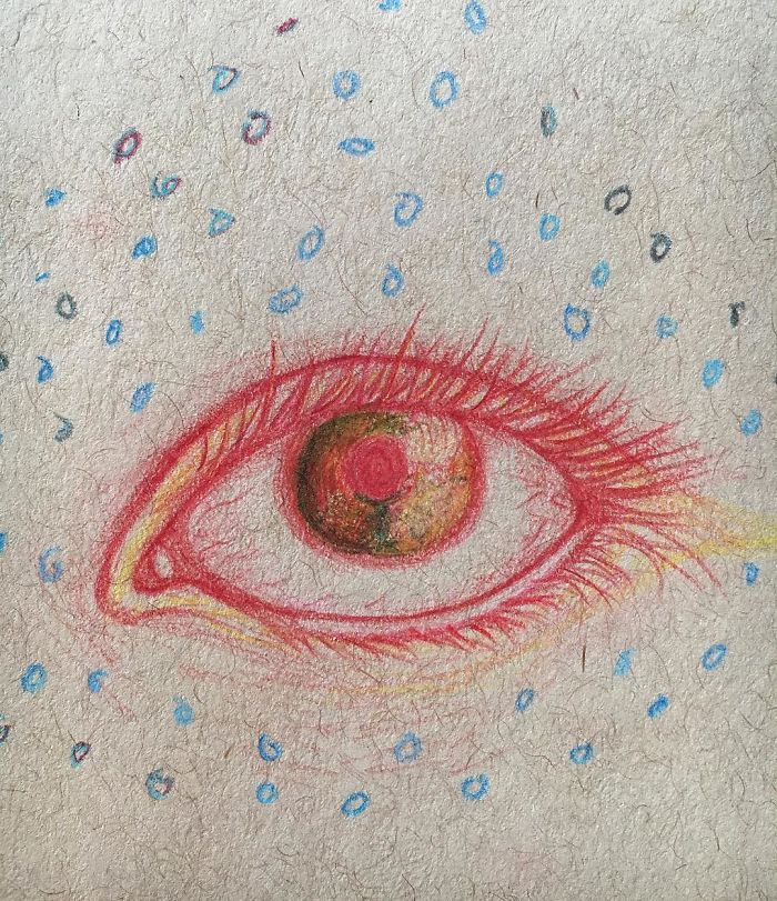 What eyes sometimes look like, with more of those odd colors and circles - I Was Diagnosed With Schizophrenia At The Age Of 17, So I Started Drawing My Hallucinations To Cope With It What eyes sometimes look like, with more of those odd colors and circles - I Was Diagnosed With Schizophrenia At The Age Of 17, So I Started Drawing My Hallucinations To Cope With It