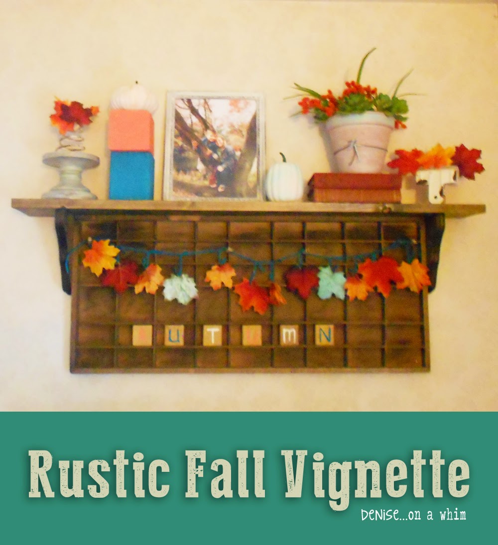 Rustic Fall Vignette on a Printer's Tray Shelf from Denise on a Whim