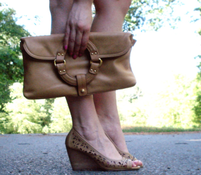 Leather clutch and wedges