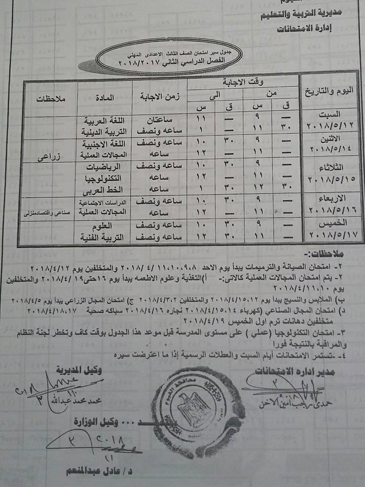 جداول امتحانات محافظة الفيوم الترم الثاني 2018 0%2B%252815%2529