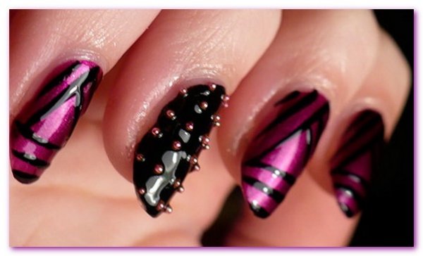 Black and Pink Striped Nail Art Accented with Stones