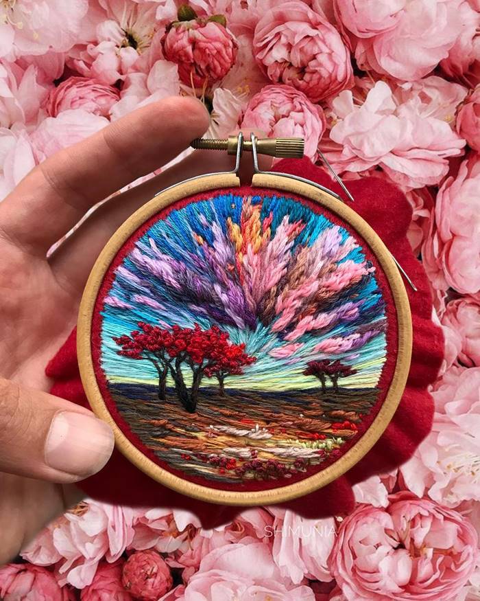 Scenic landscapes on volumetric mini-embroideries by Vera Shimunia | Air clouds, rainbow sunsets and other beauties by Vera Shimunia