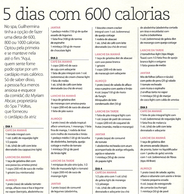 dieta 600 kcal menu