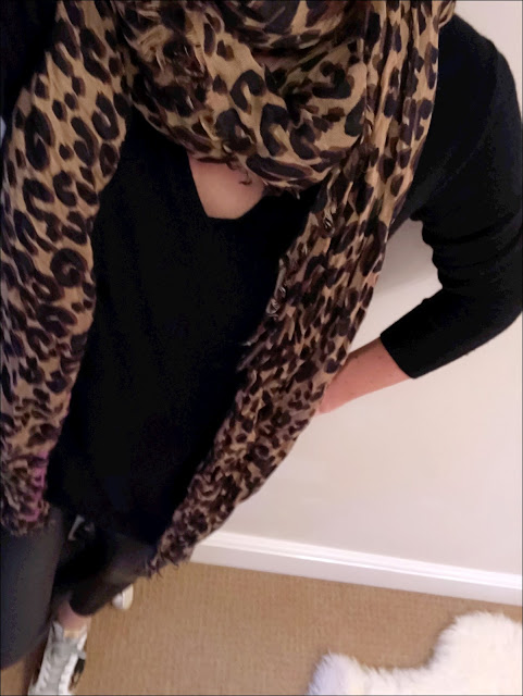 My Midlife Fashion, french connection faux leather trousers, golden goose distressed leather panel calf hair superstar trainers, boden relaxed fit V neck cashmere jumper, louis vuitton leopard print scarf