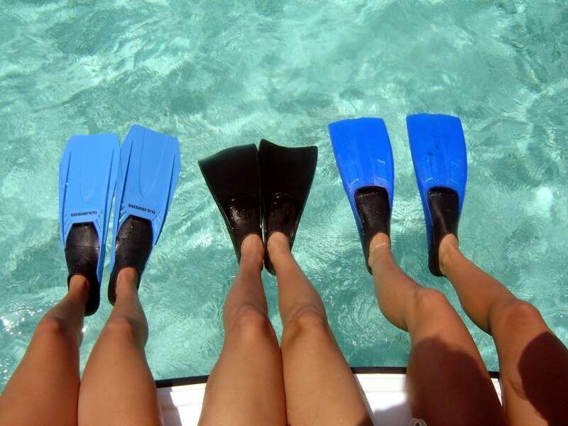 Ласты на ногах. Ласты для плавания на ноге. Ласты на каблуках. Ноги в ластах в бассейне.