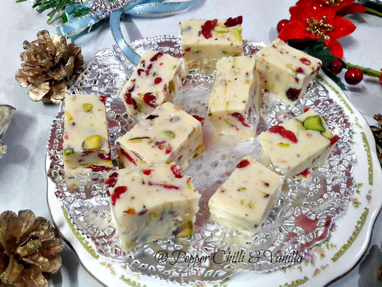 White Chocolate Fudge with Cranberries and Pistachio.. Pepper, Chilli