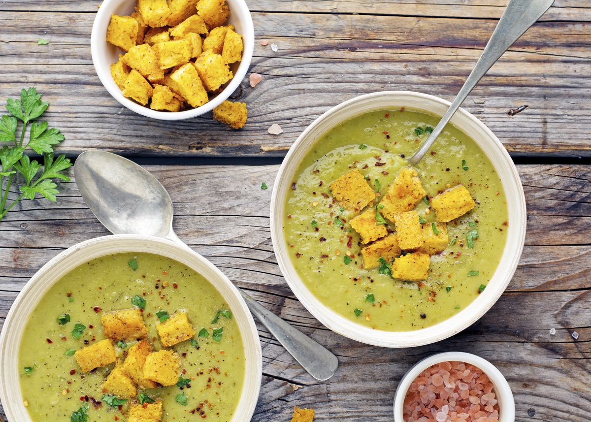 Green Machine Soup with Polenta Croutons