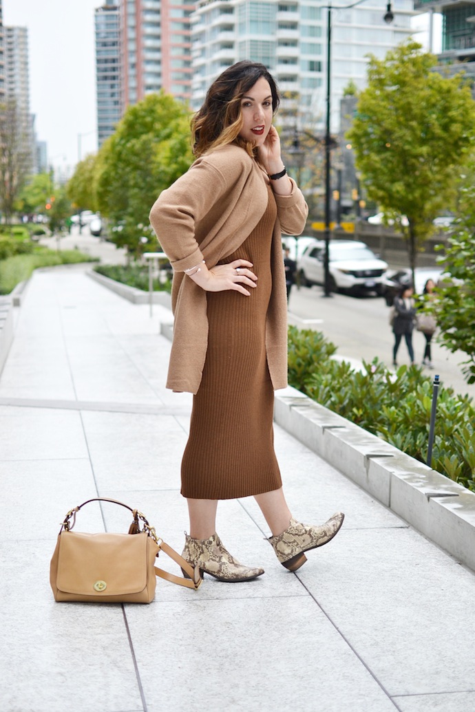 Lord and Taylor Merino Wool camel coat and Le Chateau Textured Knit midi dress Vancouver fashion blogger