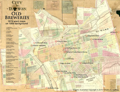 Map of old breweries in Dayton, Ohio, created by Timothy R. Gaffney with historic maps.