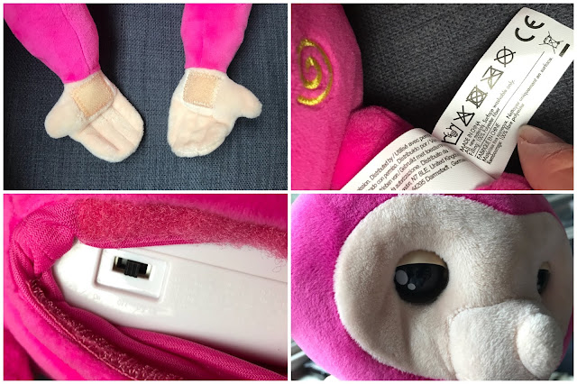 A collage showing the velcro on the Fingerlings HUGS hands, the care label, the off switch and the eyes
