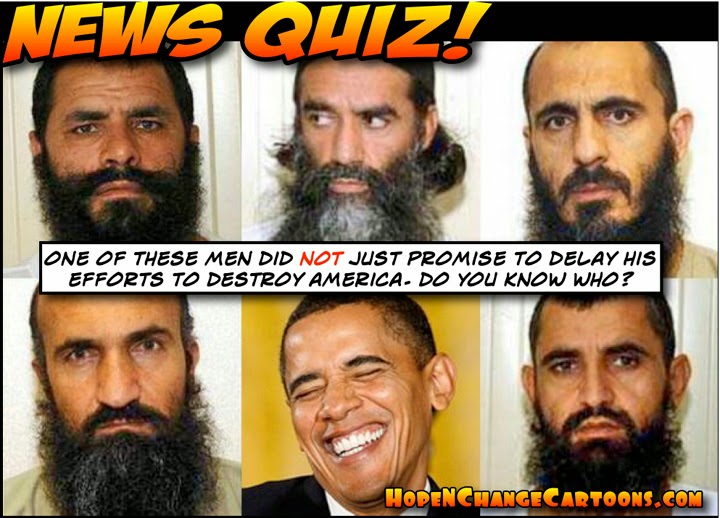 obama, obama jokes, cartoon, humor, political, taliban, bergdahl, gitmo five, terror, guantanamo, rice, taliban