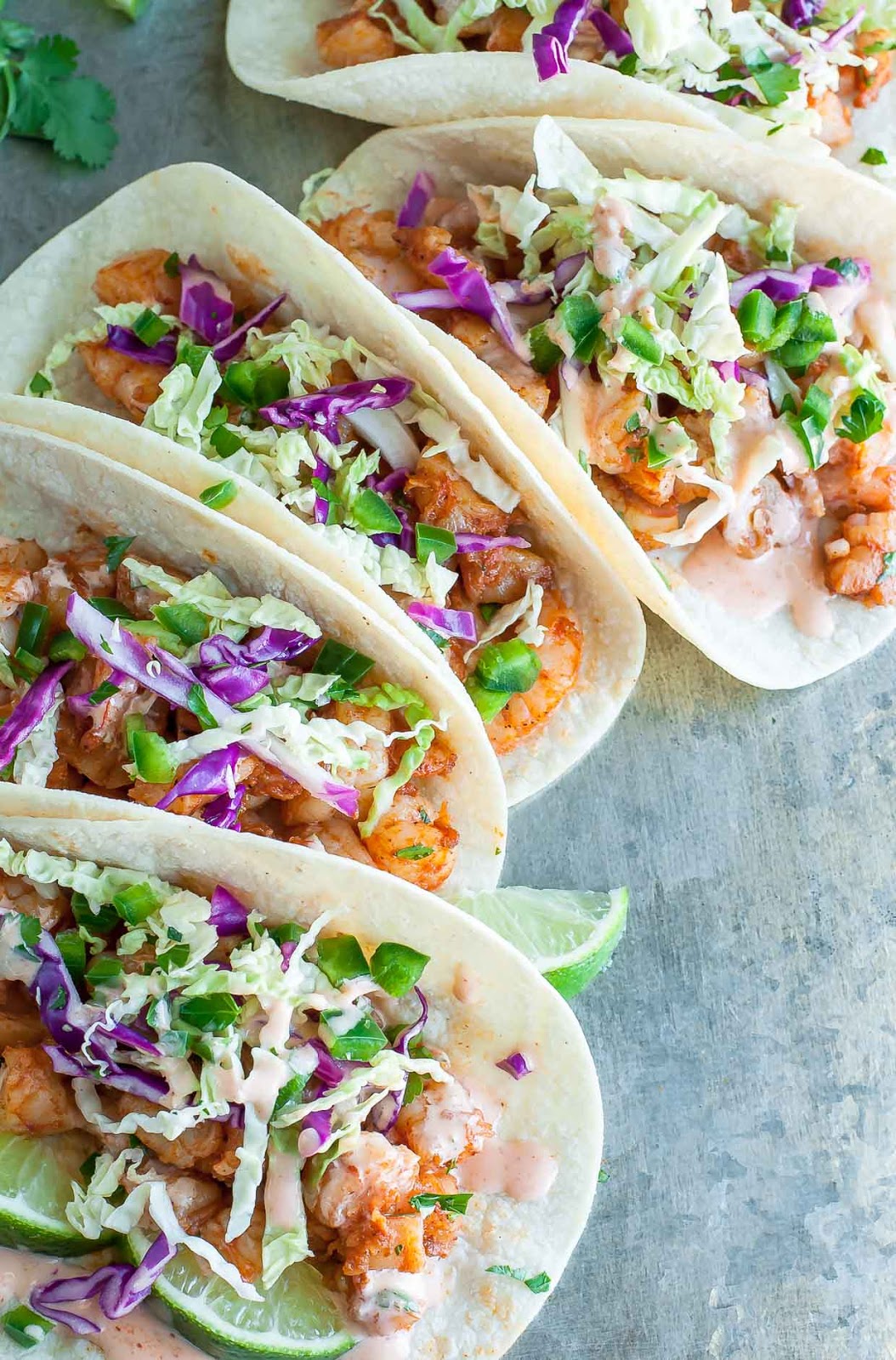 Recipes SPICY SRIRACHA SHRIMP TACOS WITH CILANTRO LIME SLAW