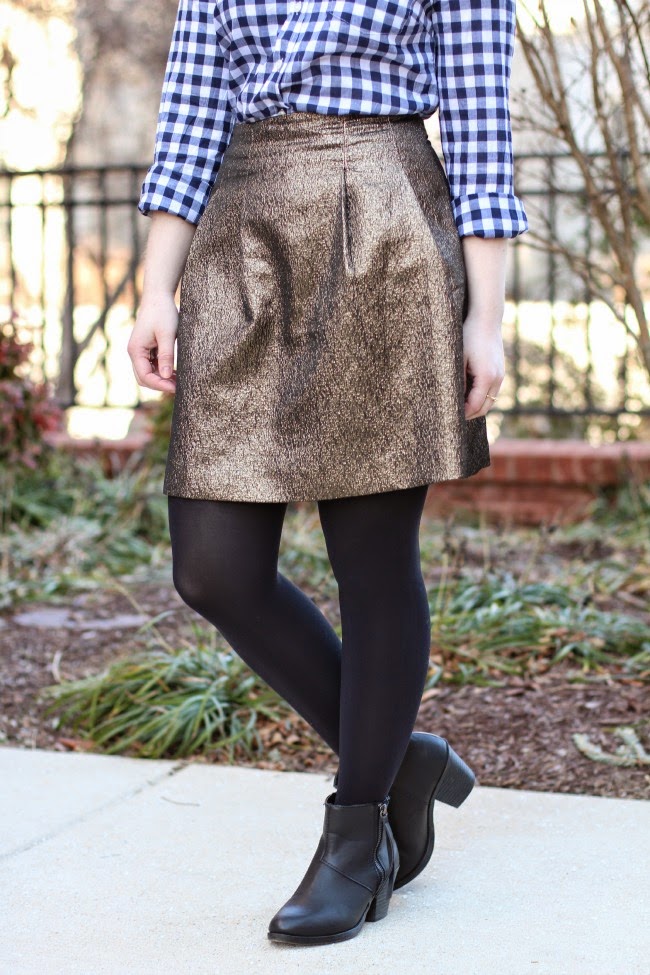 Style to Inspire Weekly Link Up | Something Good, le tote, black tights, black booties, gold skirt, gingham button down