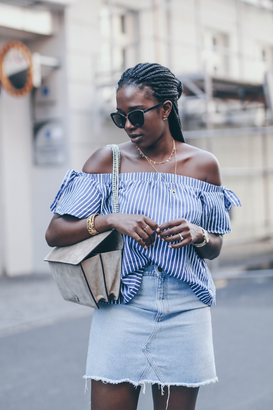 Outfit: Striped Off Shoulder & Denim Skirt - Minnie Knows