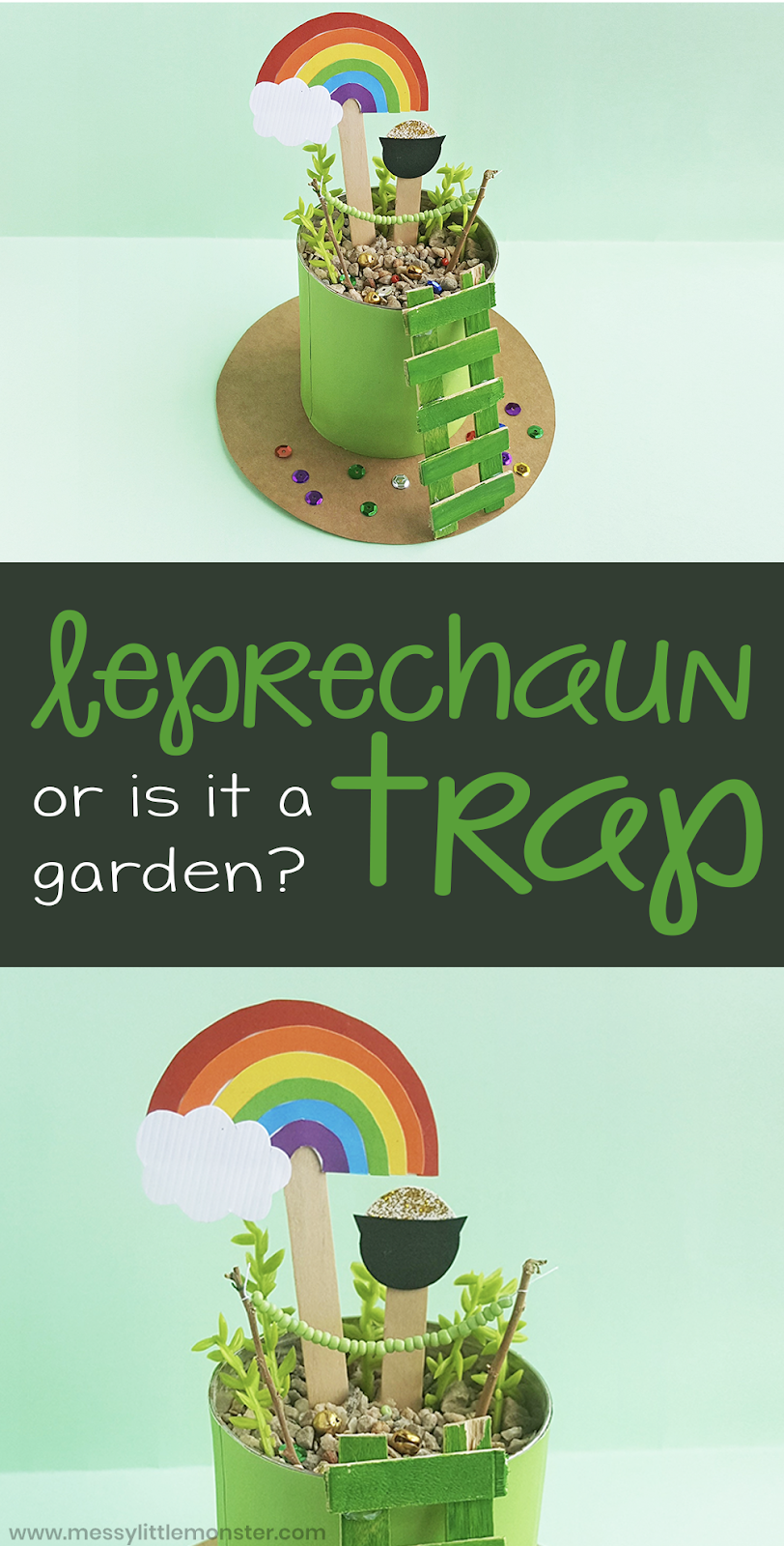 How to make a leprechaun trap or leprechaun garden. St Patricks day craft for kids. Printable template included to help build a leprechaun trap.