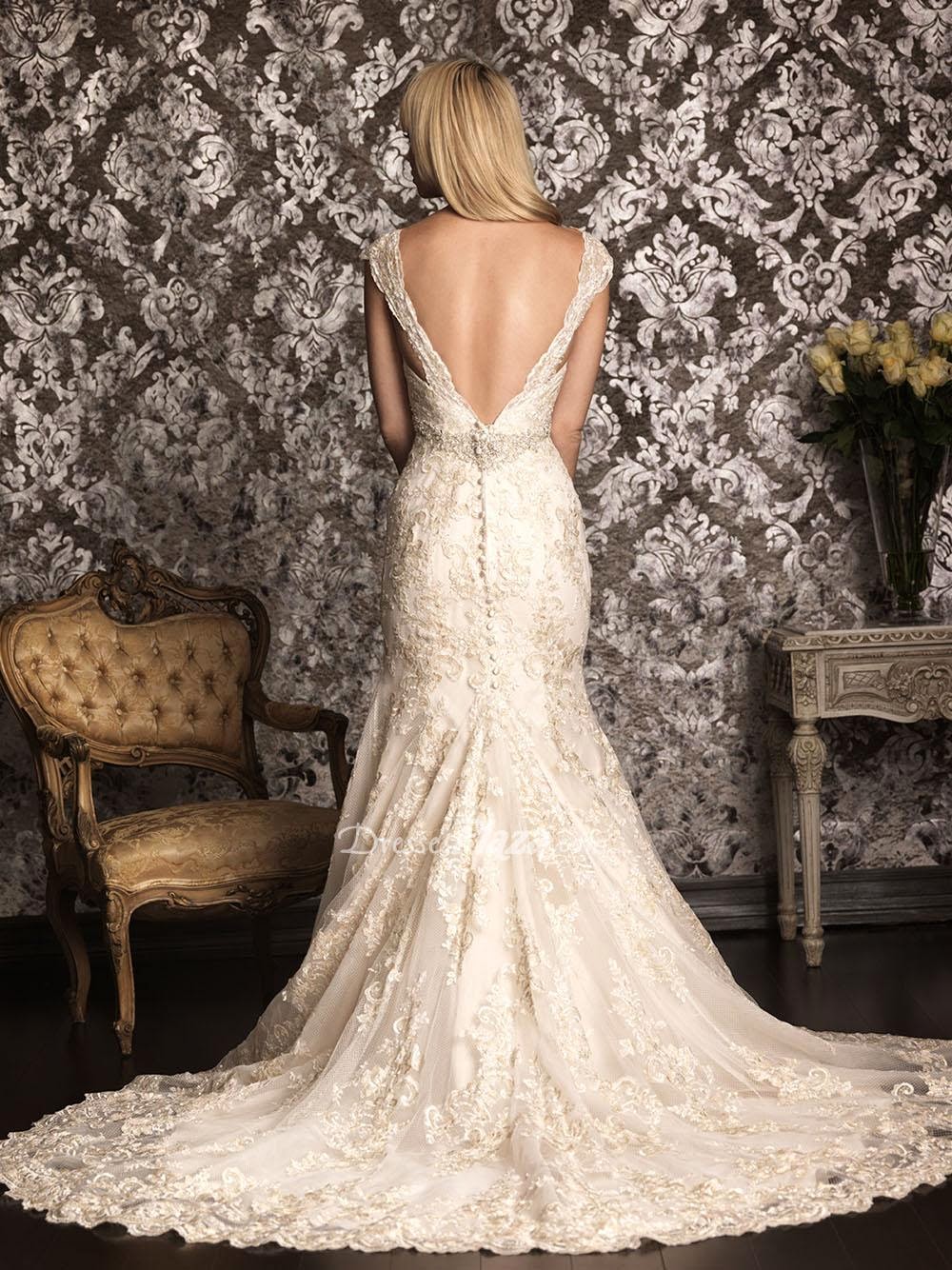 Ivory Lace Cap Sleeve V-neck Empire Deep V-back Slim Wedding Dress-2
