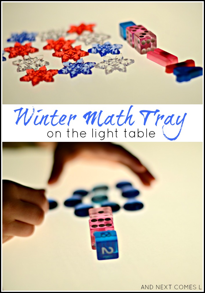 Winter themed math tray for kids on the light table from And Next Comes L