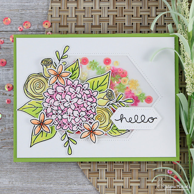 Hello Floral Faux Shaker Card by Juliana Michaels featuring Newton's Nook Designs Lovely Blooms Stamp and Studio Katia Dies and Sequins