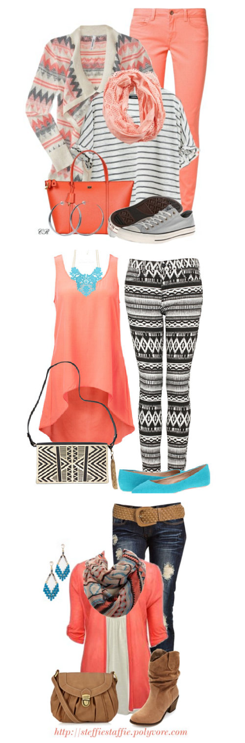 Aztec print outfits for spring. Love the pink and coral colors! Click through for sources. www.craftingintherain.com
