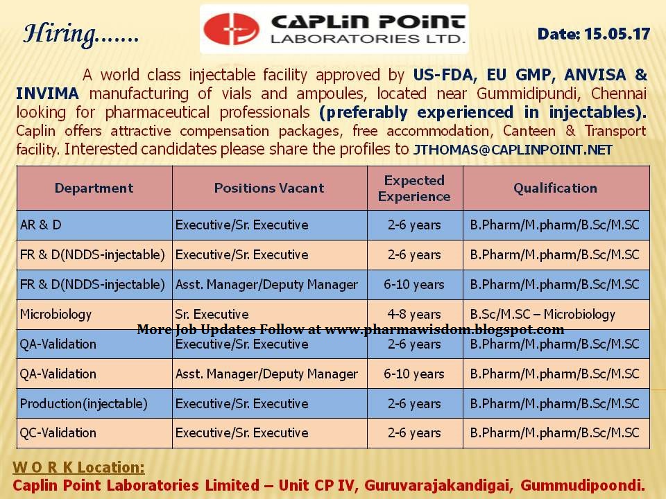 Multiple Job Openings for Experienced Candidates CAPLIN POINT