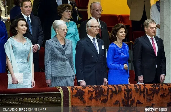 Finland's First Lady Jenni Haukio, Queen Margrethe of Denmark, King Carl Gustaf of Sweden, Queen Silvia of Sweden and President Sauli Niinisto of Finland are pictured at Stockholm Concert Hall