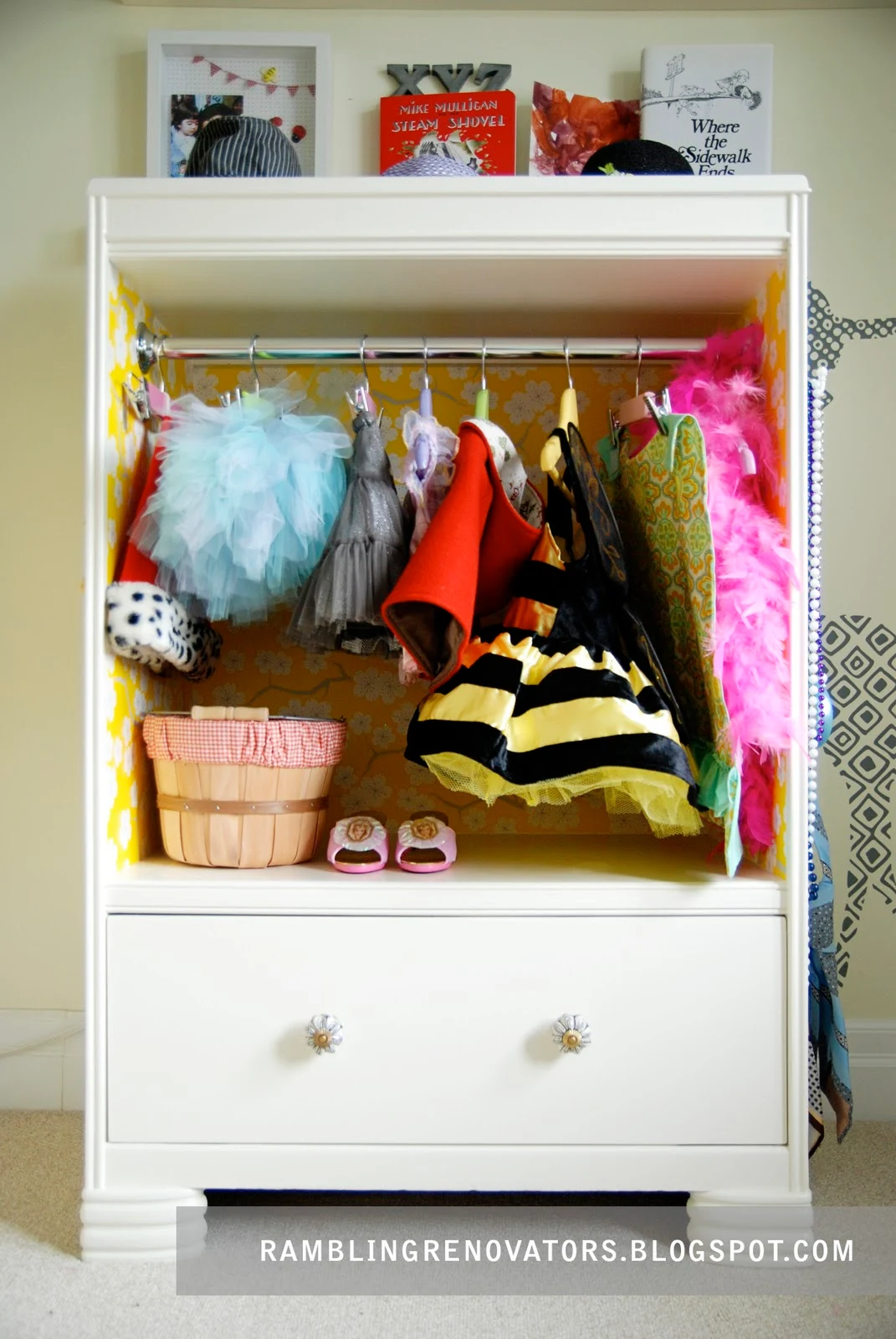 kids dress up closet made from upcycled dresser. Dress up clothes storage on a budget