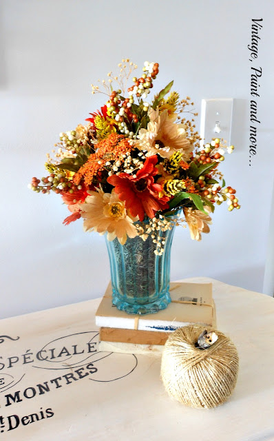 Vintage, Paint and more... mod podge painted thrift store vase with faux flowers, old books and twine pumpkin