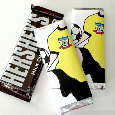 With the last weekend of soccer games here, here's a team treat that will excite all the boys.  These soccer jersey candy bar wrappers can be personalized, printed and given to your whole team for a sweet treat and a good luck wish.